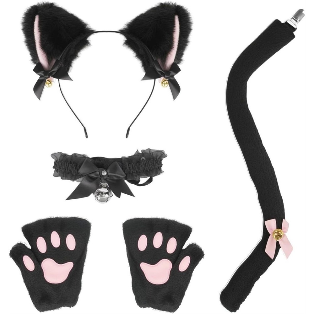 Therian Cat Costume Accessories Set Ears Tail Paw Gloves Choker Cosplay Kit